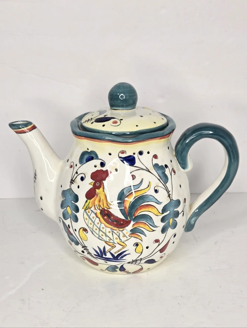 Italian Deruta Teal Pottery Teapot Hand Painted Rooster‎ Ceramic Country